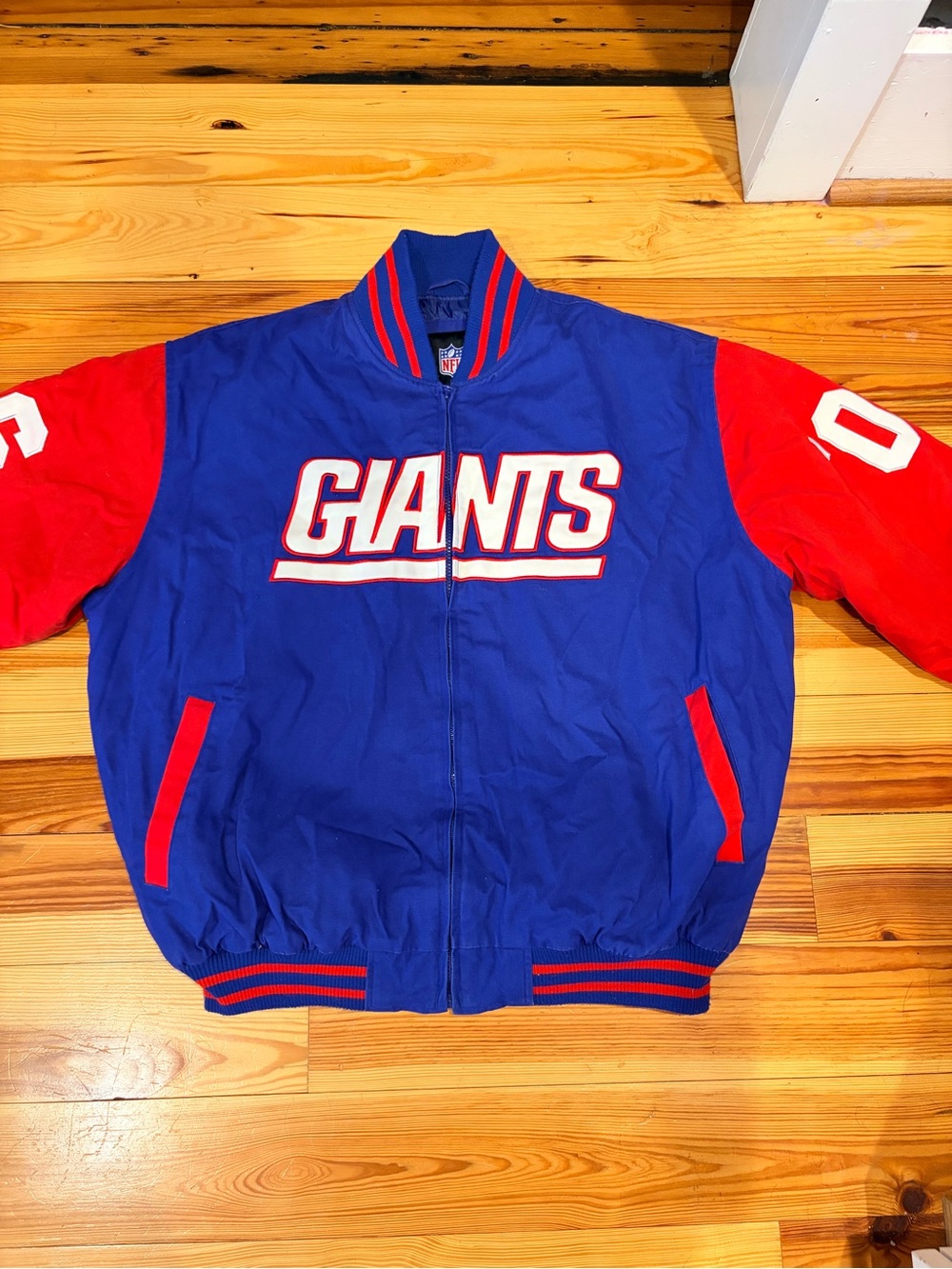 NFL Giants Royal Blue and Red Varsity Jacket with Team Script